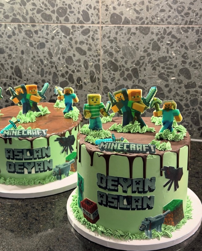 Deux gâteaux d’anniversaire à thème Minecraft, vert et chocolat